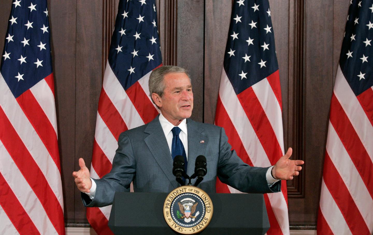 President George W. Bush speaks at the Eisenhower Executive Office Building in Washington, DC, in 2007.