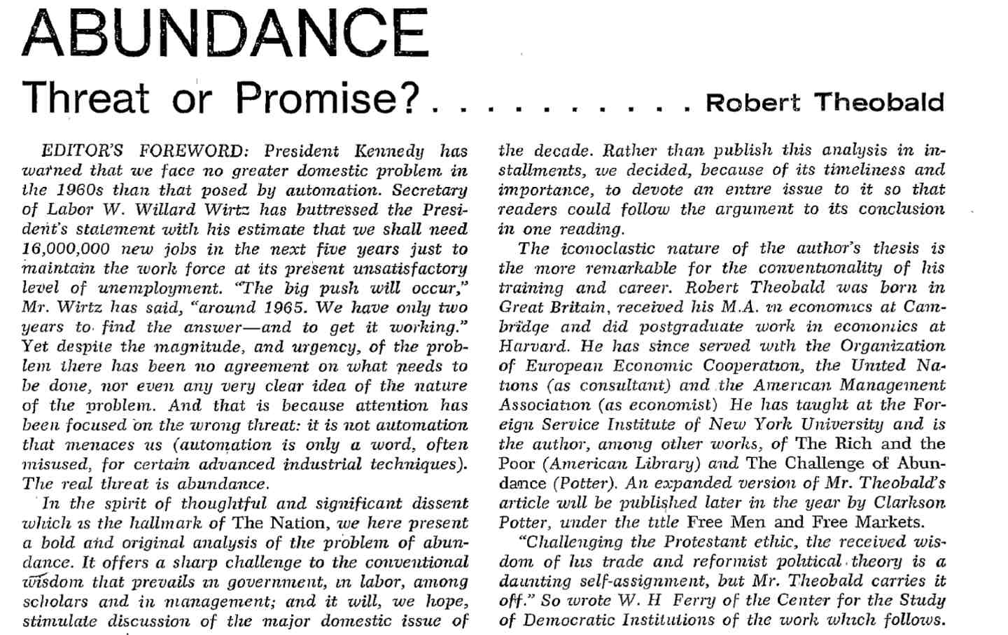 This Week in ‘Nation’ History: Abundance and the Basic Income Guarantee