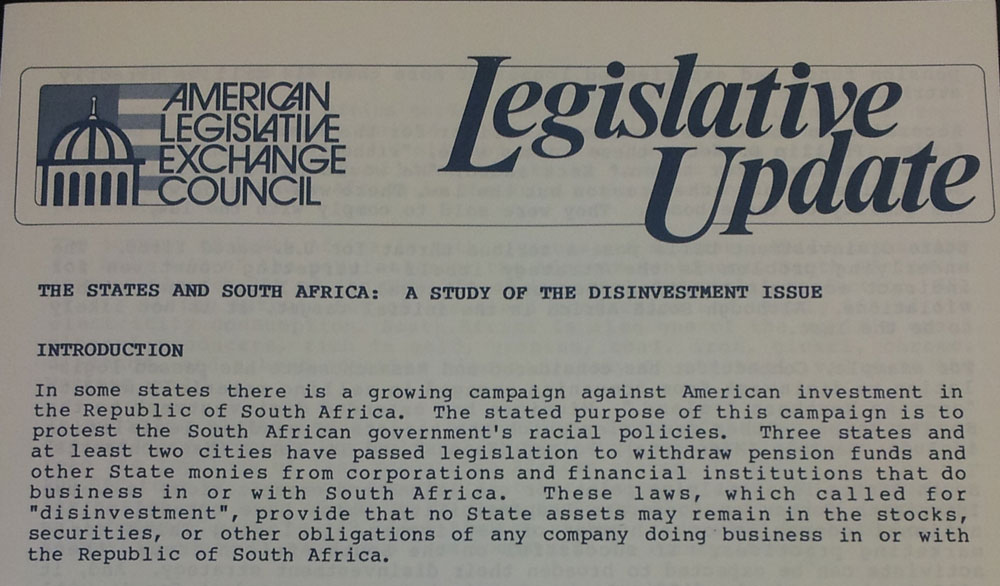 ALEC Opposed Divestment From South Africa’s Apartheid Regime