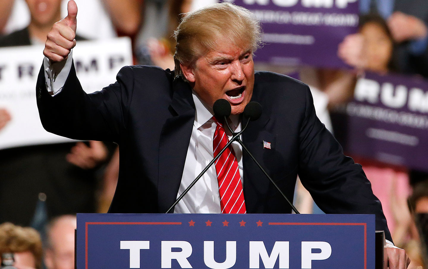 Donald Trump speaks before a crowd of supporters.