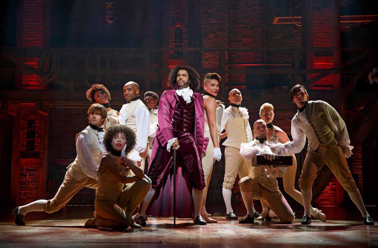 Daveed Diggs (center) as Thomas Jefferson in Hamilton. (Joan Marcus)