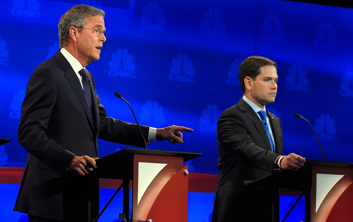 Jeb Bush speaks as Marco Rubio looks on during the October 28 Republican presidential debate.