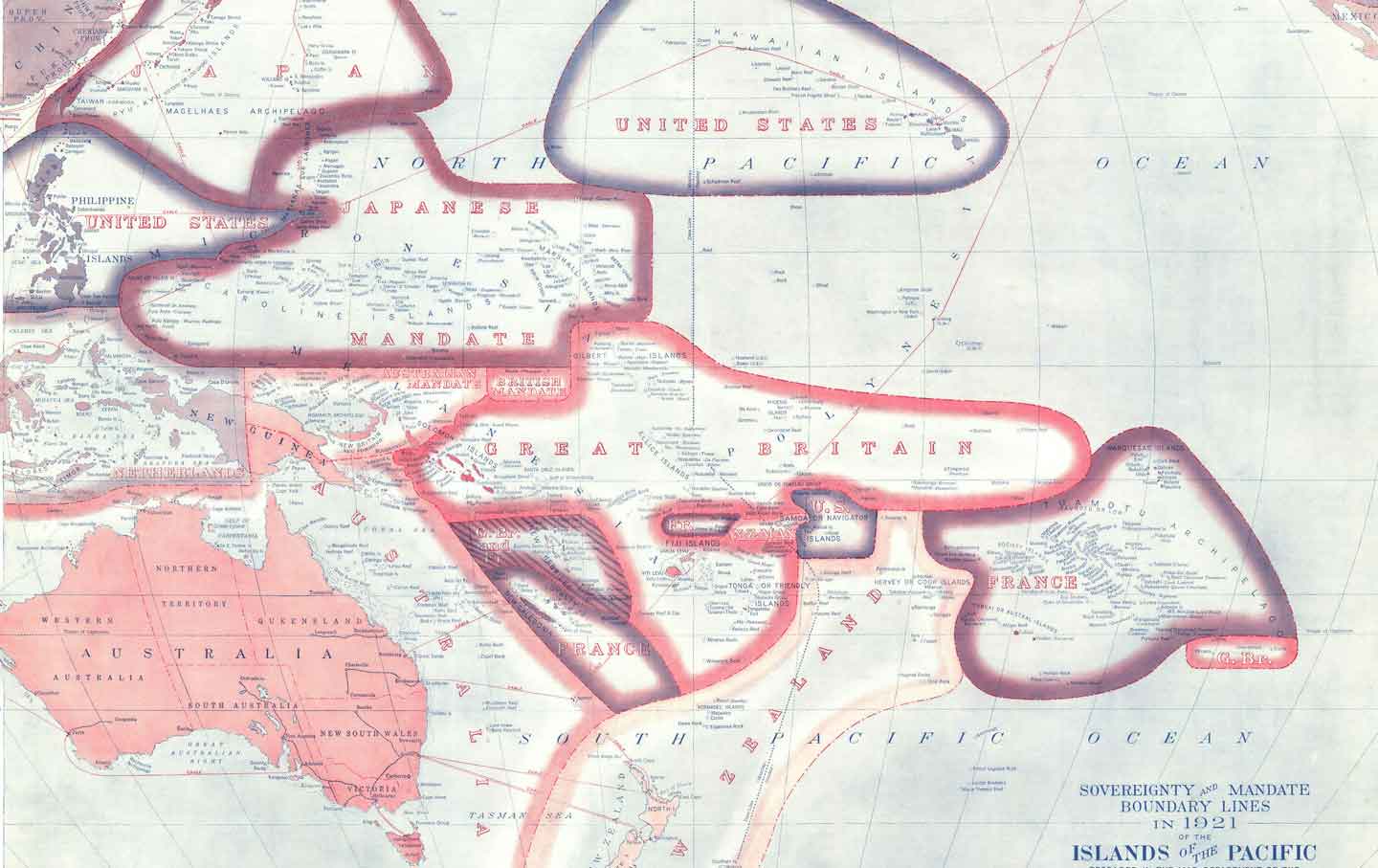 Mandate boundary lines in the Pacific islands, 1921.