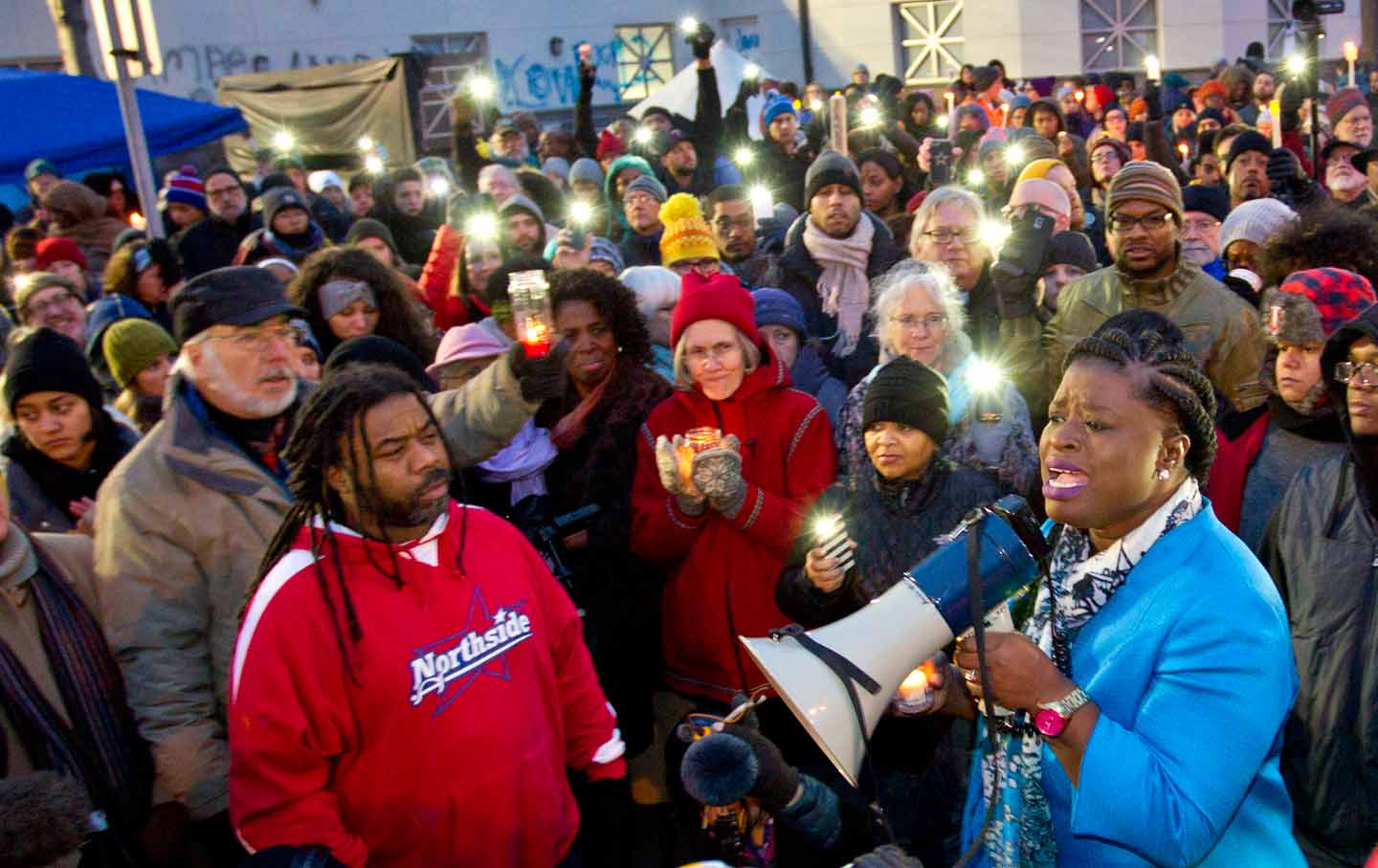 NAACP Minneapolis President Nekima Levy-Pounds speaks during a vigil in front of the Minneapolis Police Department's fourth precinct in Minneapolis.