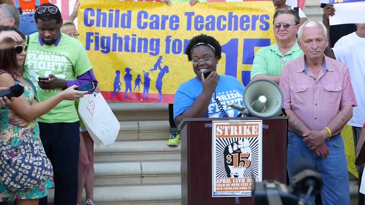 Childcare workers rally with Fight for 15 in St. Petersburg, Florida.