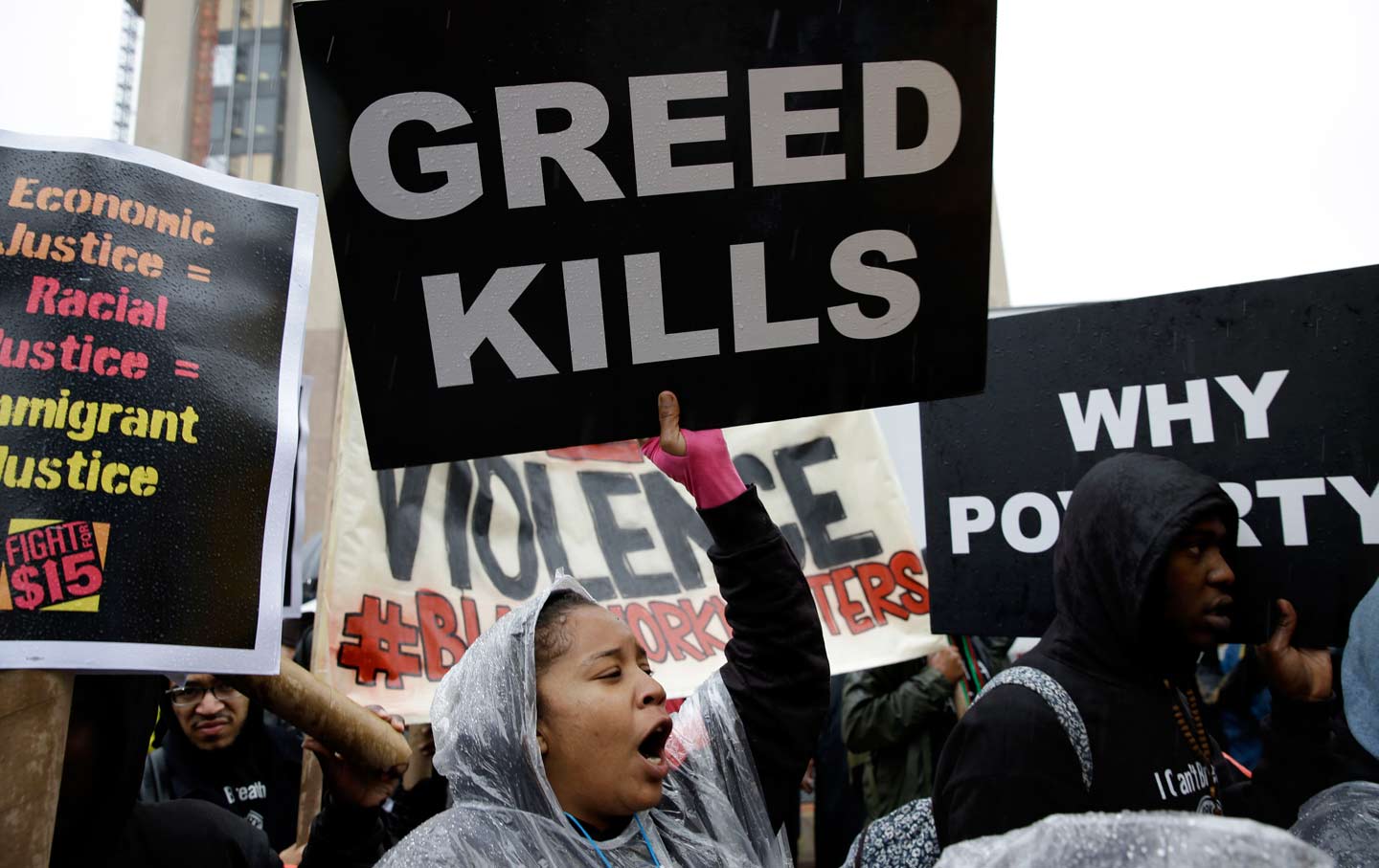 Workers rally for a living wage in New York City, Nov. 11, 2015.