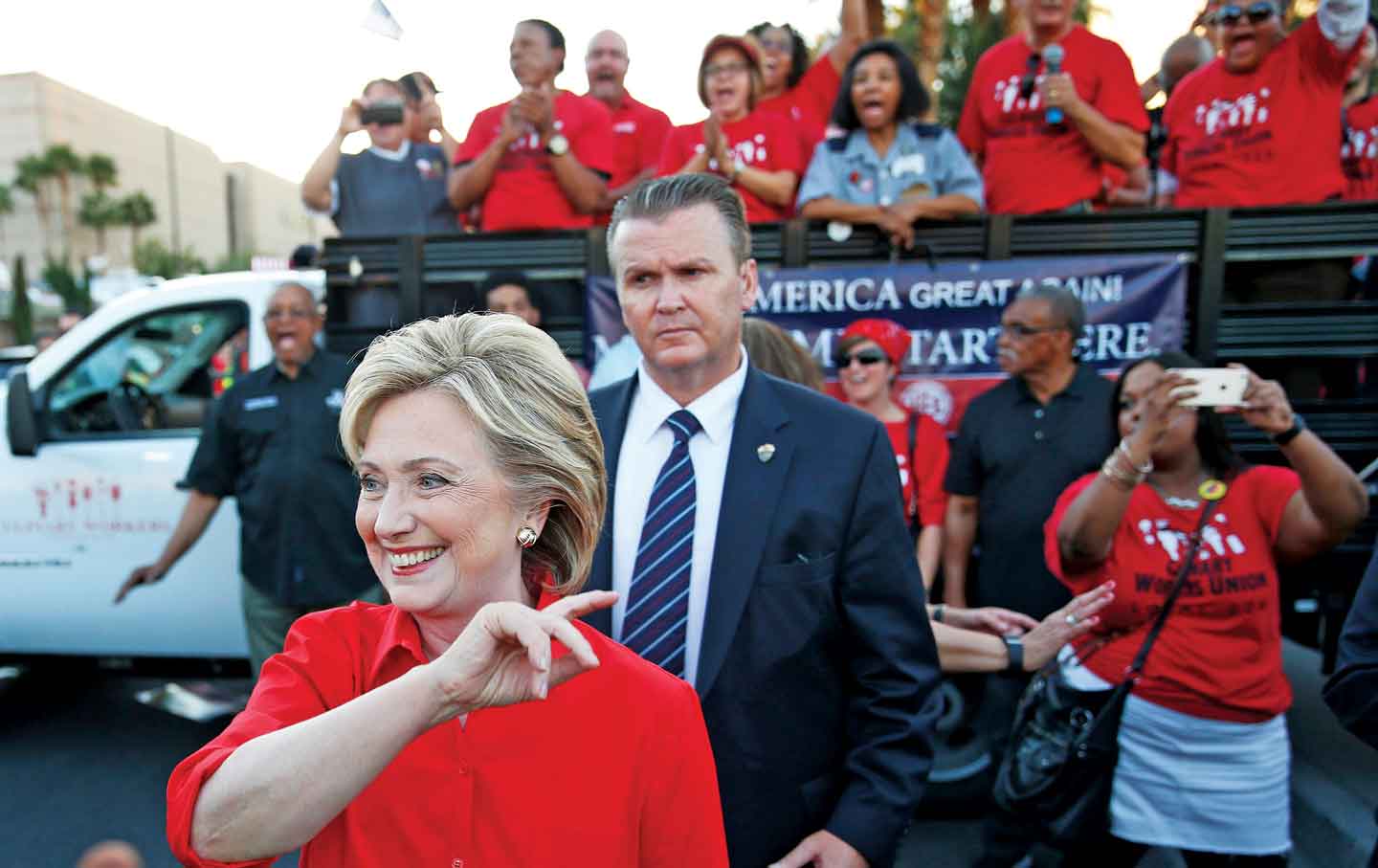 Hillary Clinton rallies with union organizers outside a Trump hotel on October 12, 2015. Credit: John Locher / AP