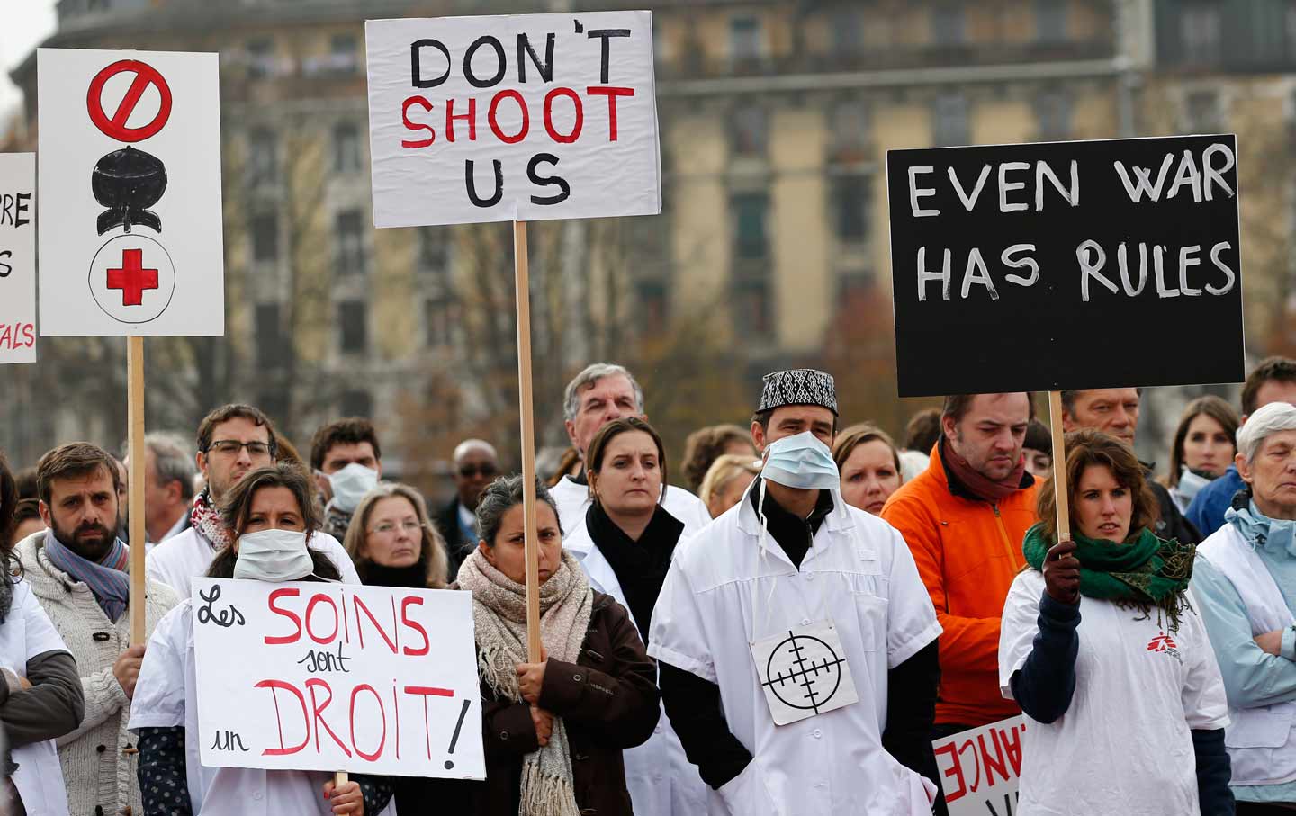 The staff of Medécins Sans Frontières (MSF), also known as Doctors Without Borders, demonstrates in Geneva, November 3, 2015.