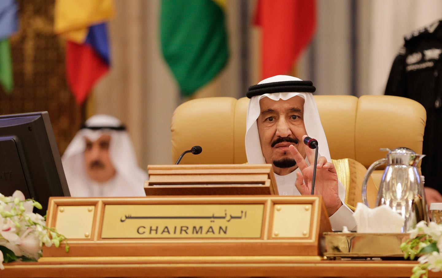 King Salman of Saudi Arabia addresses a summit of Arab and South American leaders in Riyadh.