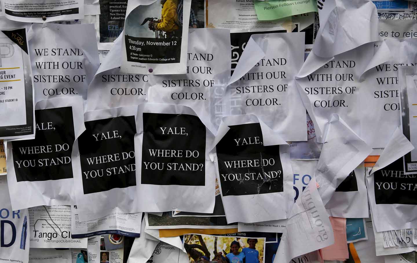 Flyers are seen posted on a college noticeboard on campus at Yale University in New Haven, Connecticut November 12, 2015.