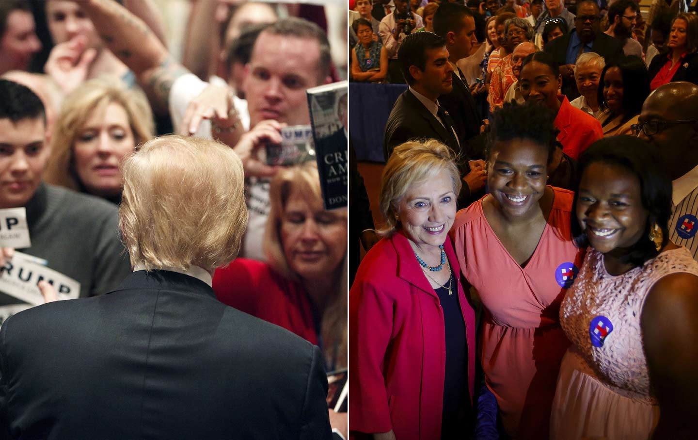 Donald Trump greets his fans at the Westin Hilton Head Island Resort and Spa; Hillary Clinton with supporters at a campaign stop in West Columbia.