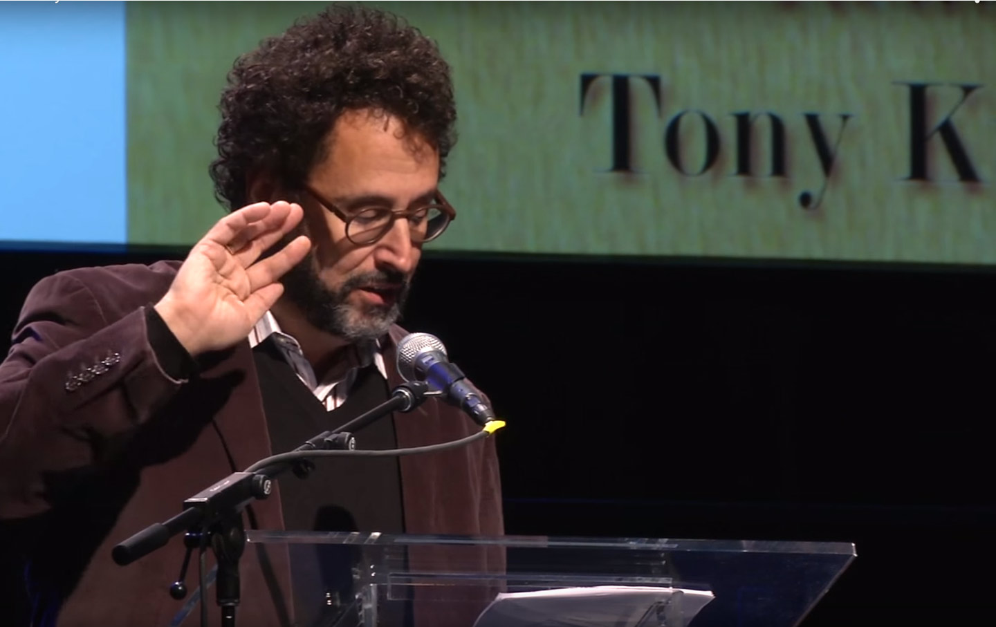 Tony Kushner speaking at St. Ann's Warehouse.