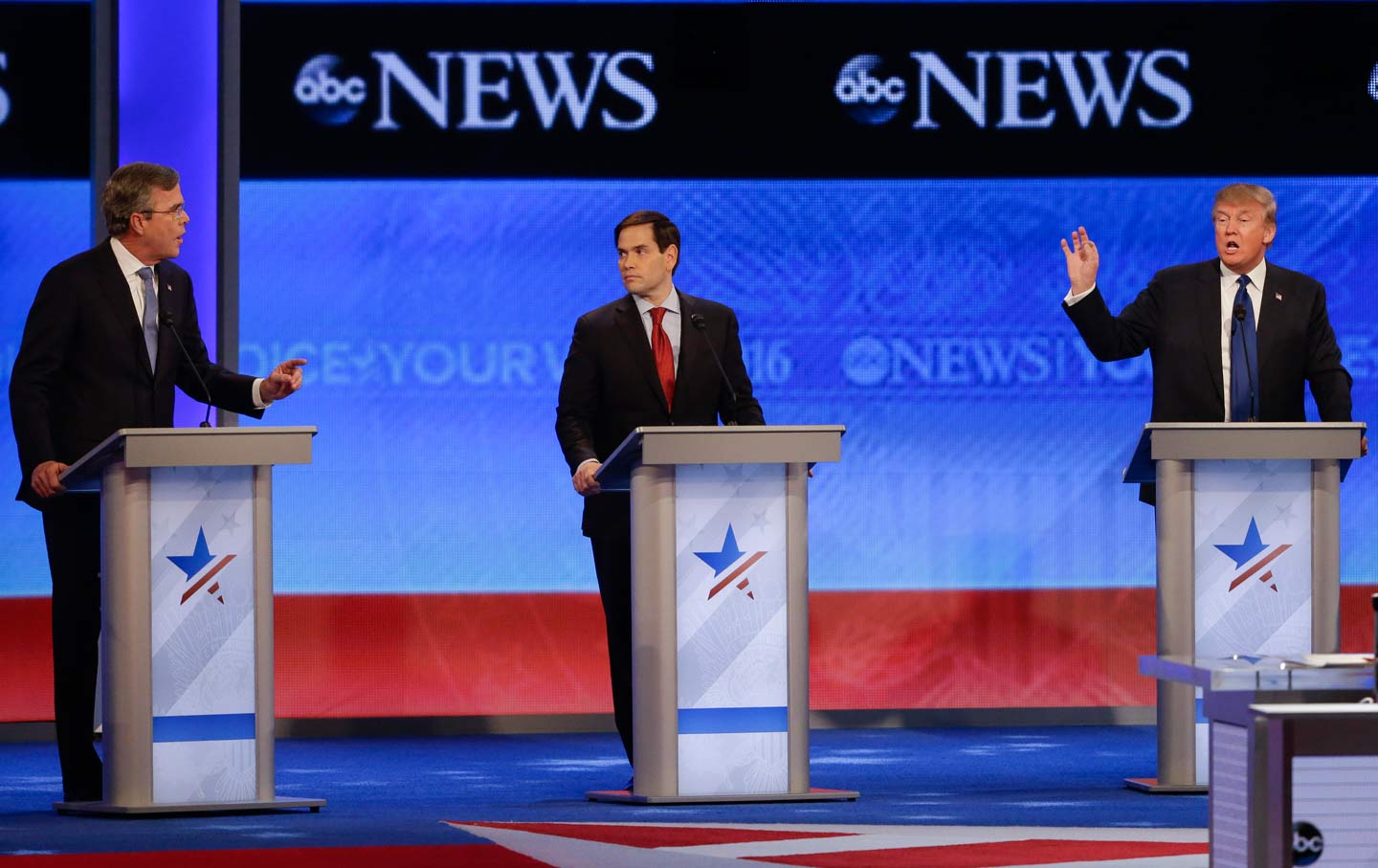 Presidential candidates Jeb Bush, Donald Trump, and Marco Rubio