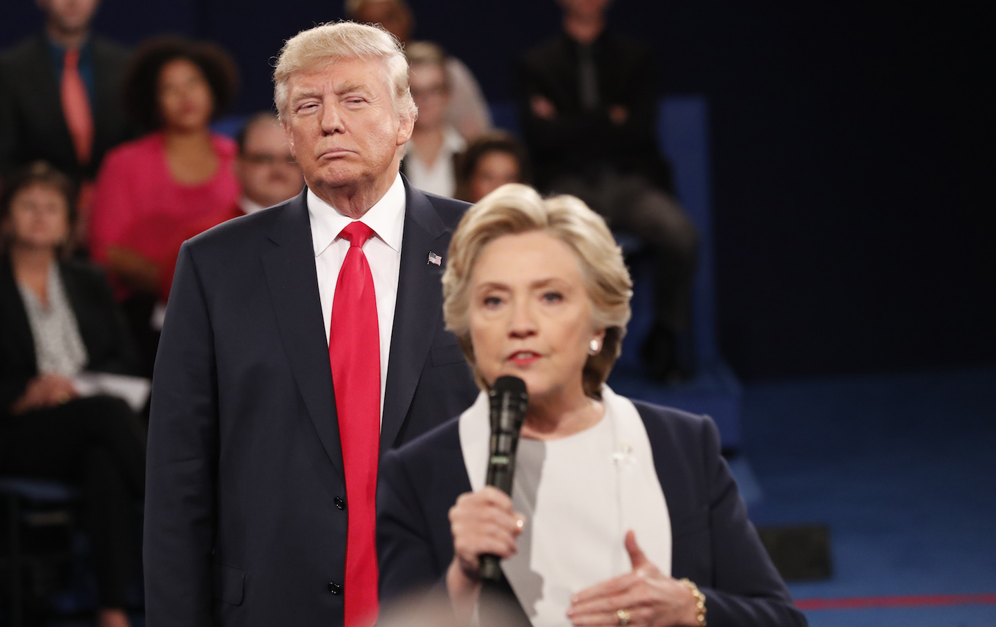 Trump Stalks Clinton, Creepily—but He’ll Never Catch Her