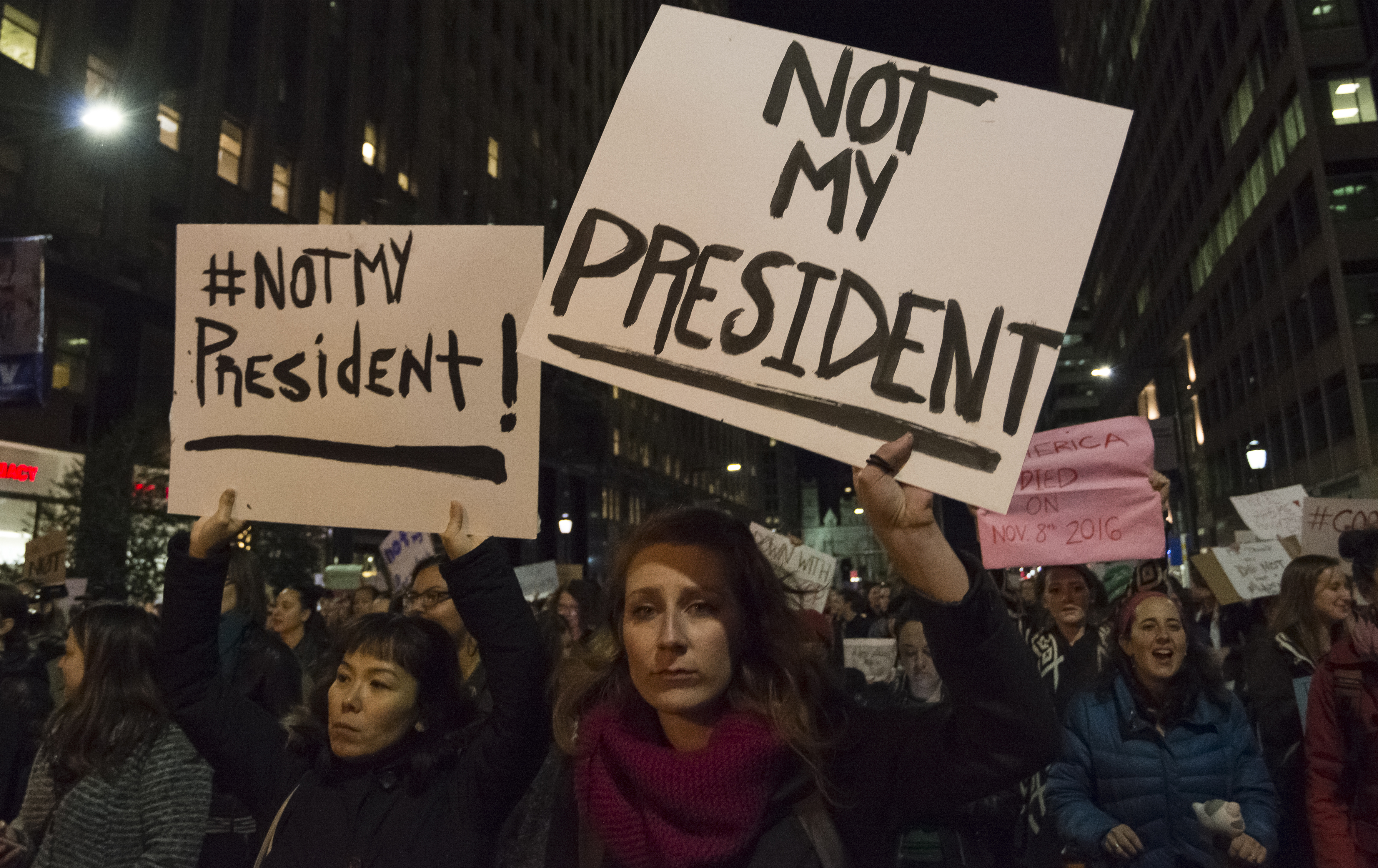 Demonstrators stage a n protest decrying the political agenda of President-elect Donald J. Trump.