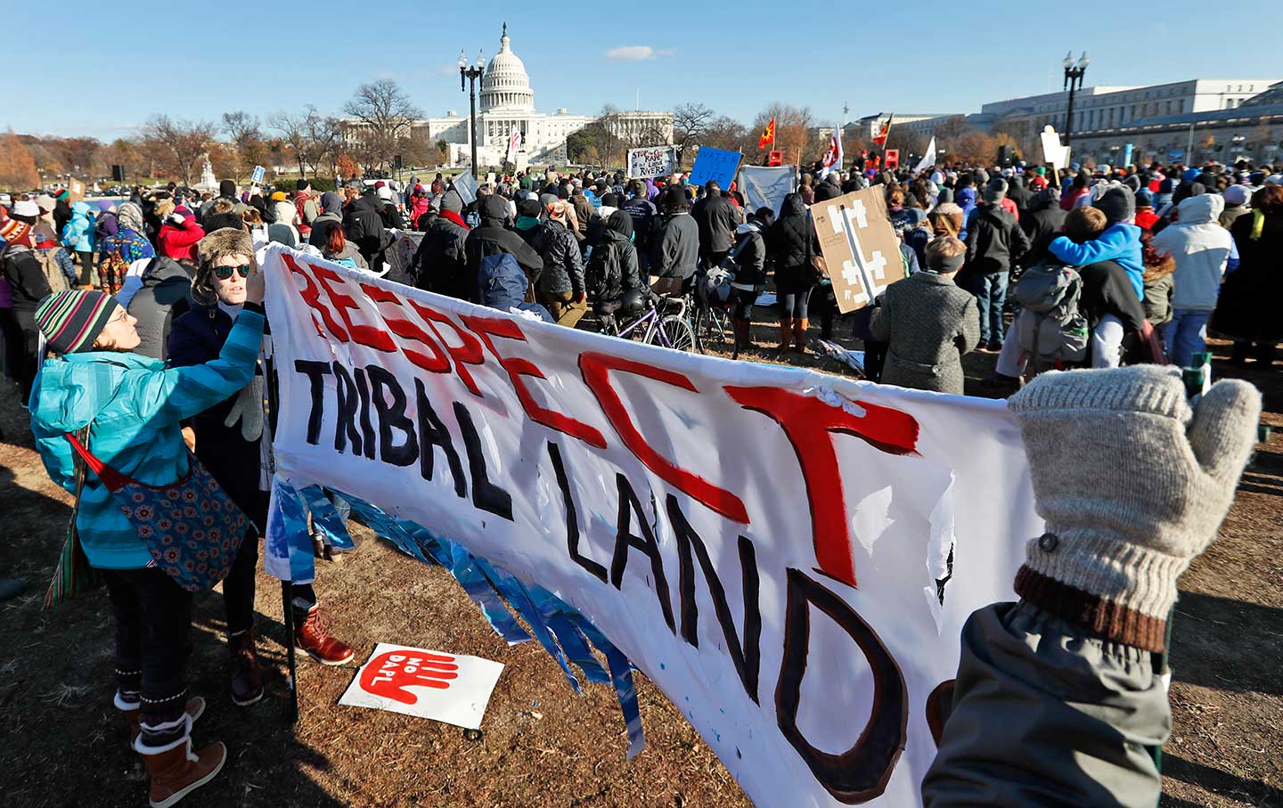 Demonstrators gather on Capitol Hill in Washington, Saturday, Dec. 10, 2016, to protest the Dakota Access oil pipeline.