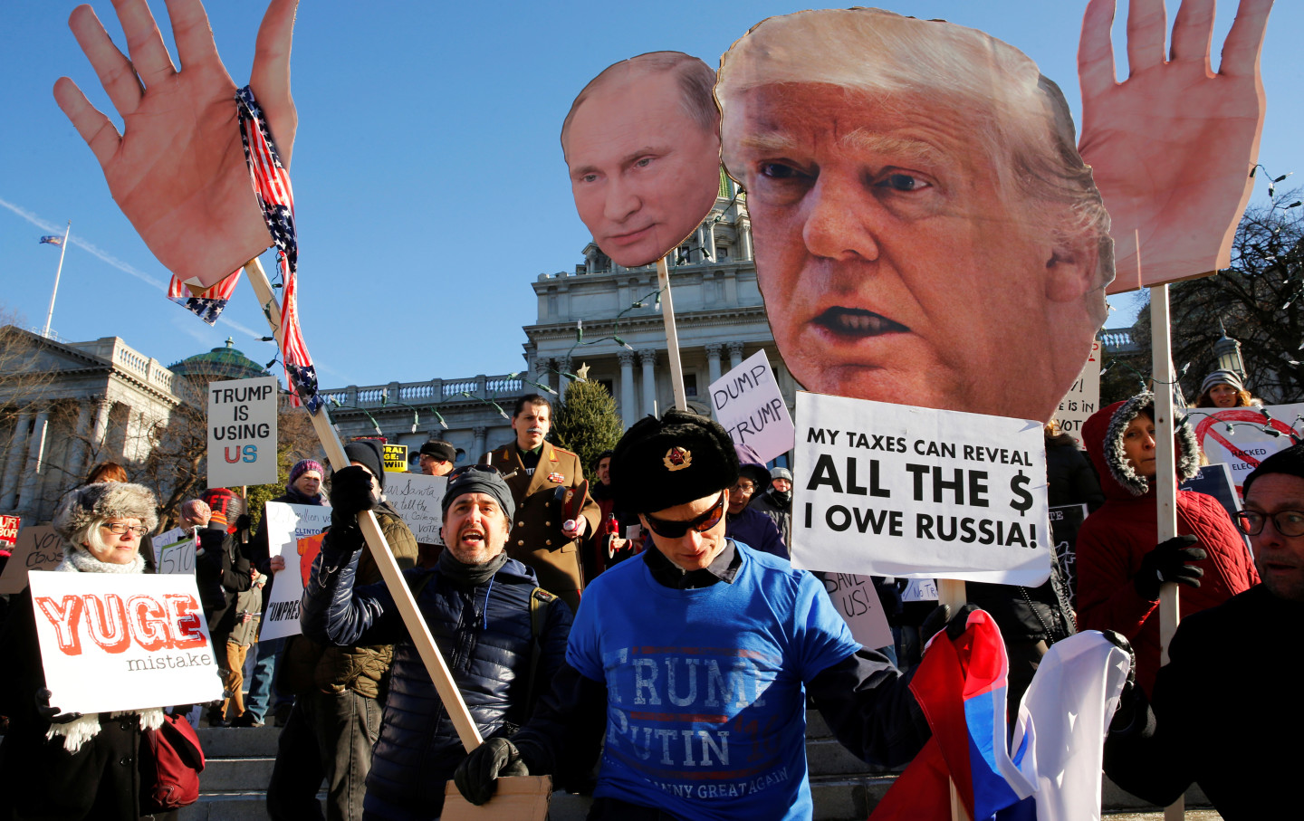 People protest after Russian hacking allegations.