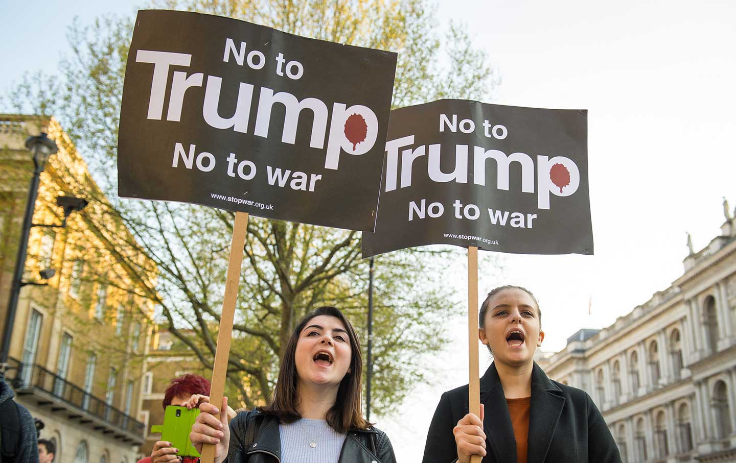 Syria demonstration. Protestors from the Stop the War Coalition take part in a demonstration outside Downing Street, in Westminster, London on Friday, April 7, 2017.