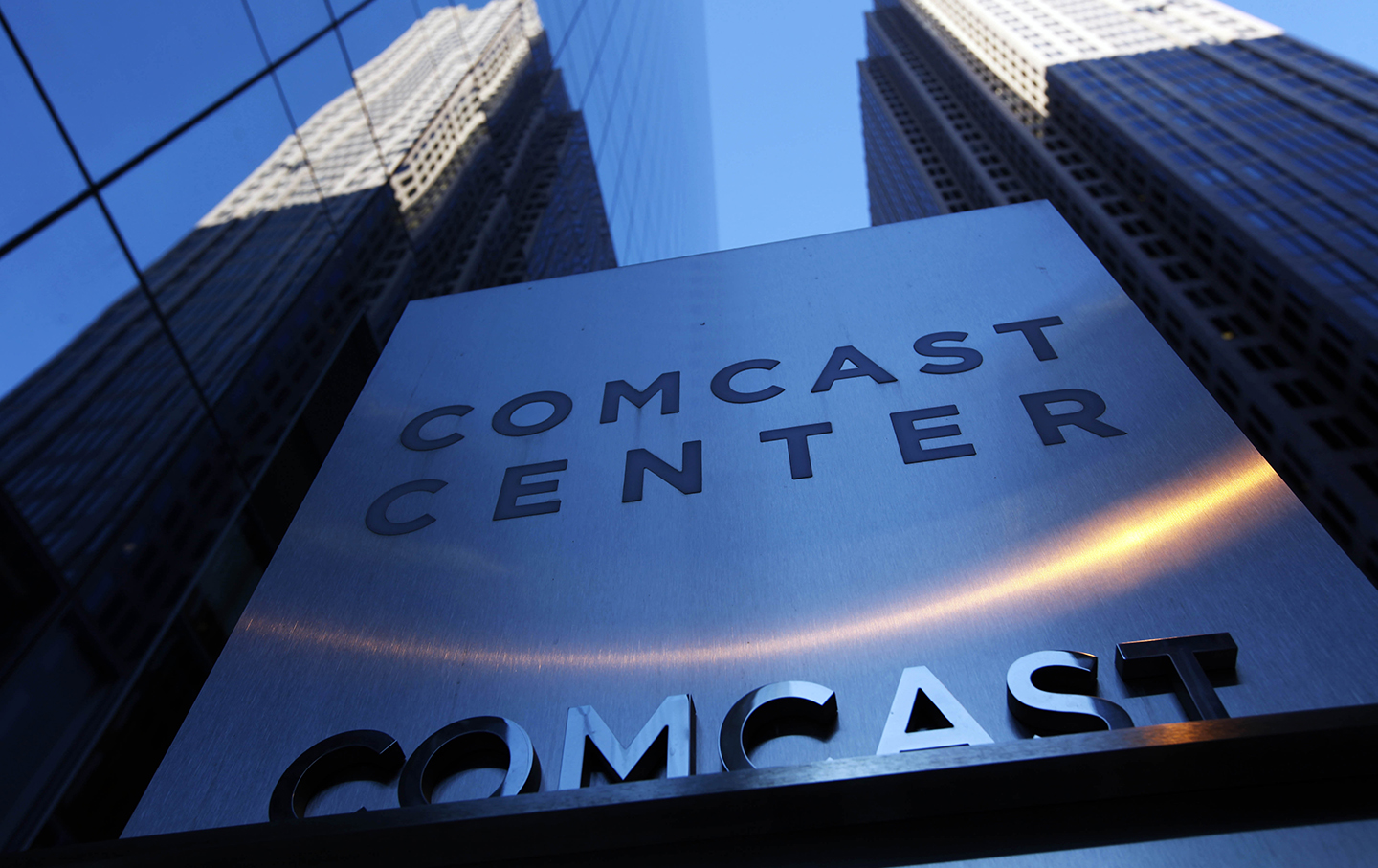 A sign outside the Comcast Center in Philadelphia.