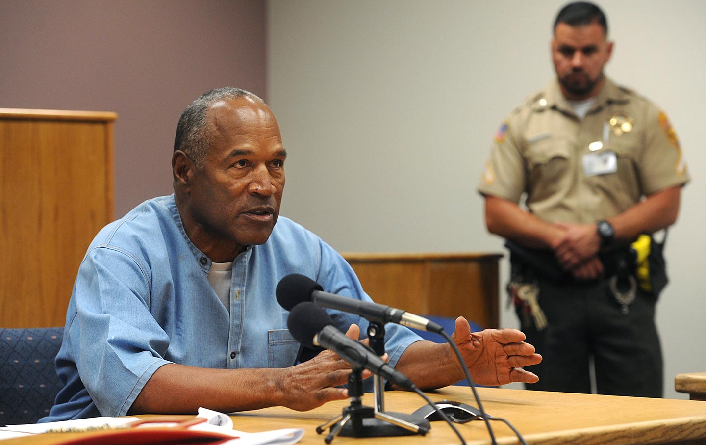 Former NFL football star O.J. Simpson appears for his parole hearing at the Lovelock Correctional Center in Lovelock, Nevada, on Thursday, July 20, 2017.