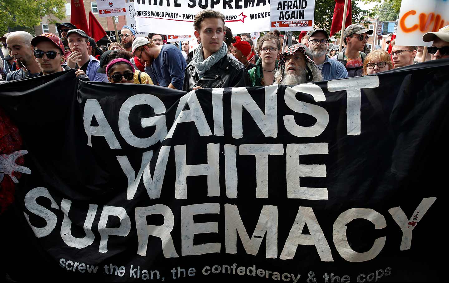 Counter-protesters rally against white nationalists in Charlottesville, Virginia, on August 12, 2017.