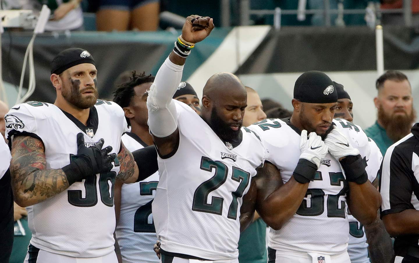 Philadelphia Eagles' Malcolm Jenkins raises his fist during the national anthem on Thursday, August 17, 2017.