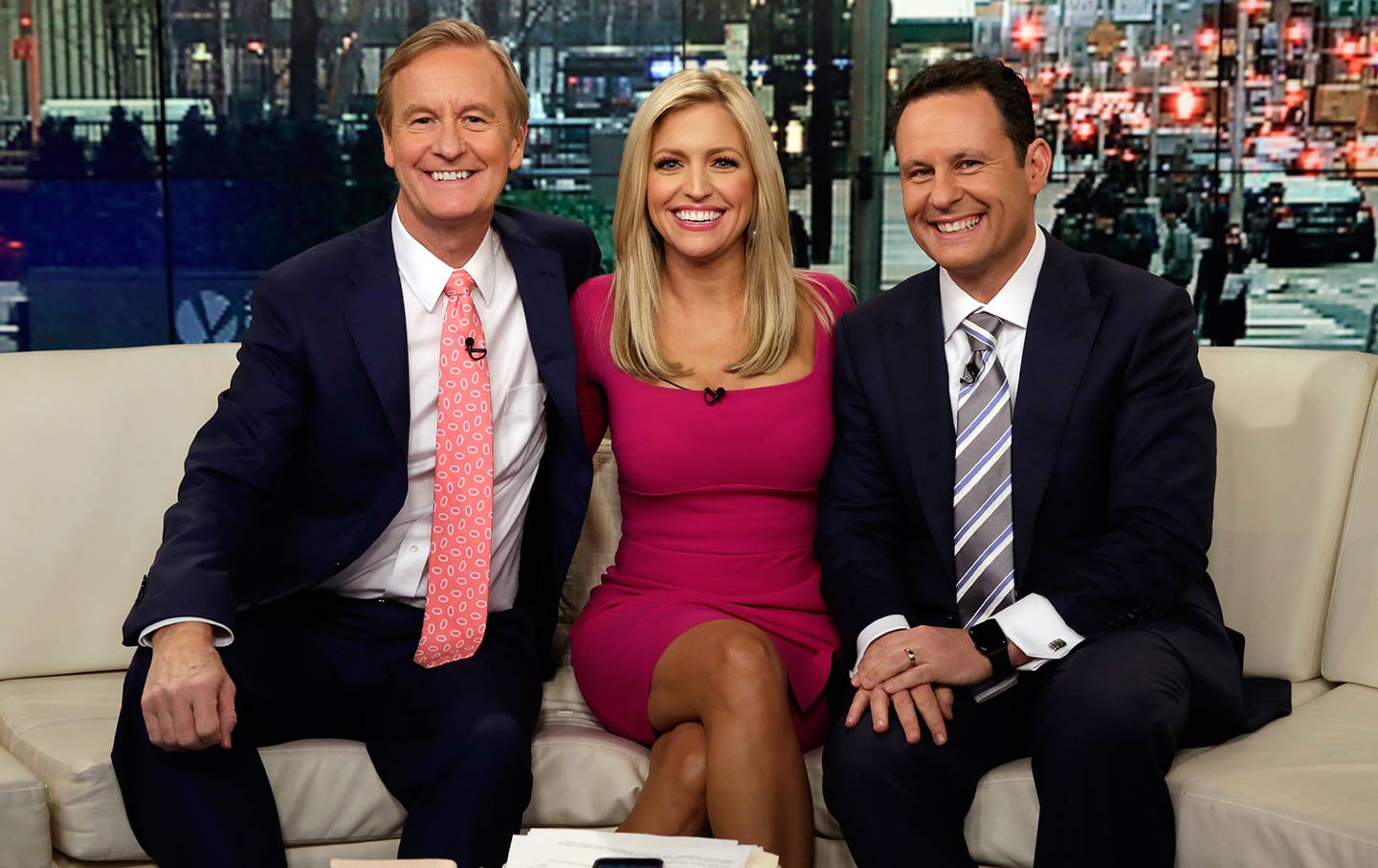 Co-hosts (from left) Steve Doocy, Ainsley Earhardt, and Brian Kilmeade on t...