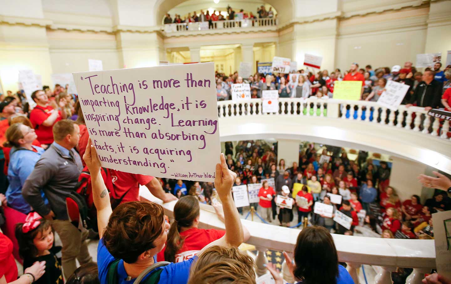 Teachers and supporters of increased education funding pack the first and second floors of the state Capitol during the second day of a walkout by Oklahoma teachers.