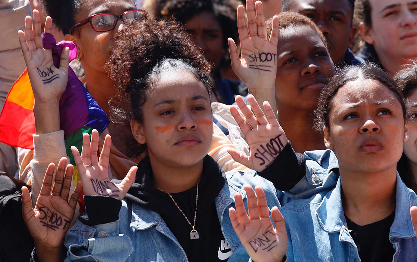 High school students call for anti-gun laws as they protest and rally in Washington Square Park, Friday April 20, 2018 in New York.