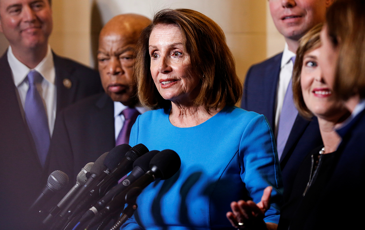 House Minority Leader Nancy Pelosi (D-CA) speaks during a break in a House Democratic Caucus meeting where she was nominated to be Speaker of the House for the 116th Congress on Capitol Hill in Washington