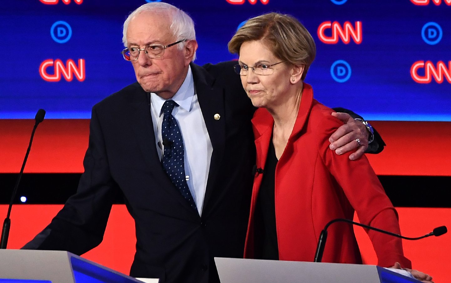 Bernie Sanders and Elizabeth Warren after a primary debate