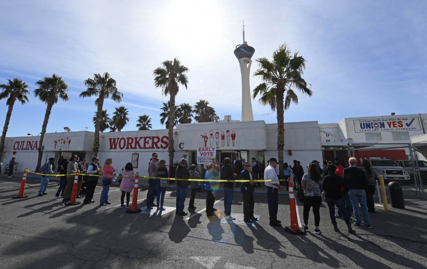 Voters line up outside the Culinary Workers Union Hall in Las Vegas