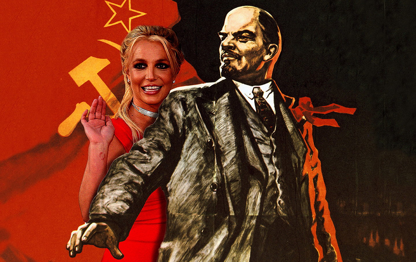 Vladimir Lenin holds back Britney Spears.