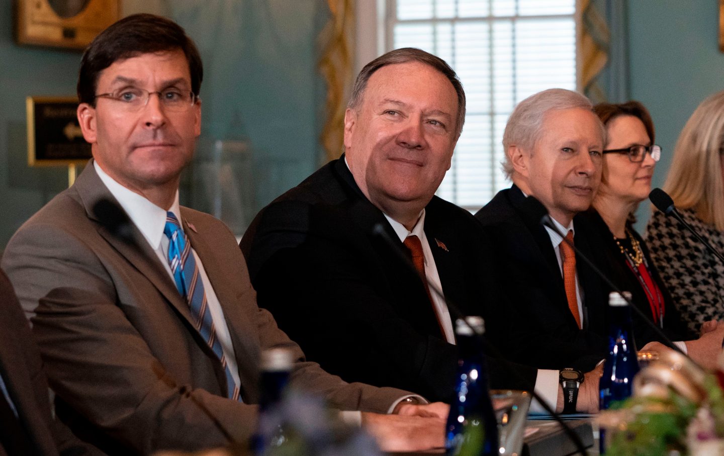 Mike Pompeo and Mark Esper look on during meeting with Indian military officials