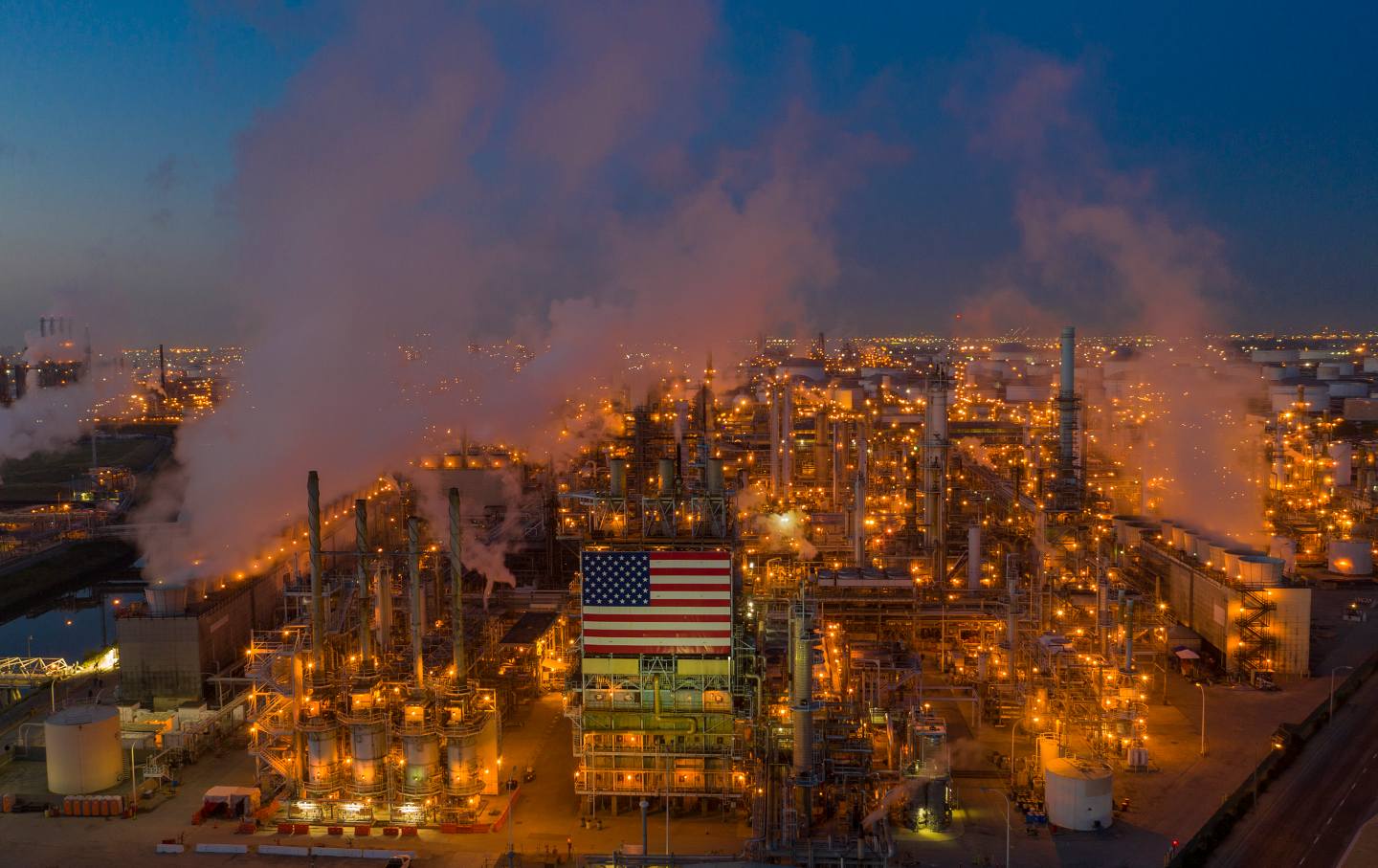 Petroleum factory with an American flag on front