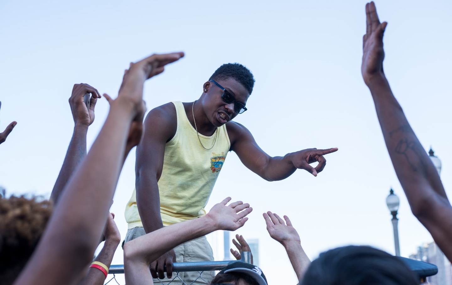 Ja'Mal Green points amid a sea of hands