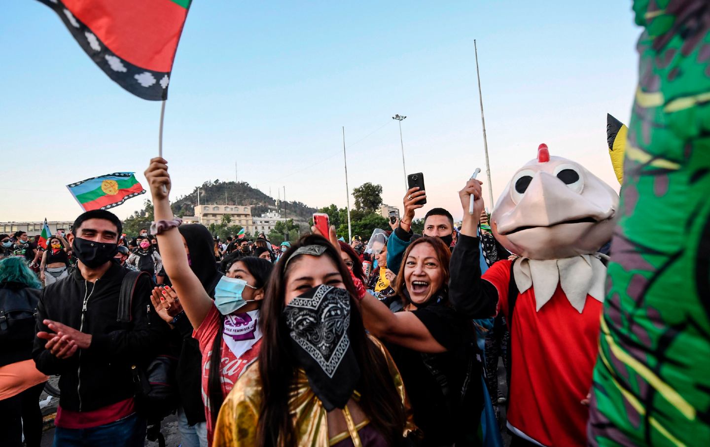 A crowd of demonstrators wearing masks and waving flags.