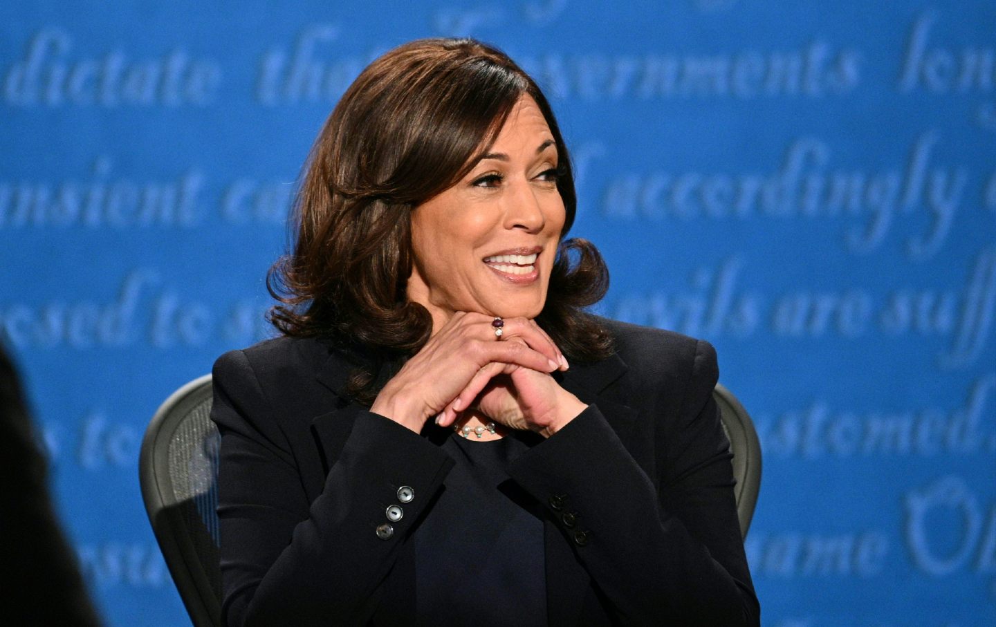 Kamala Harris looks to her left.