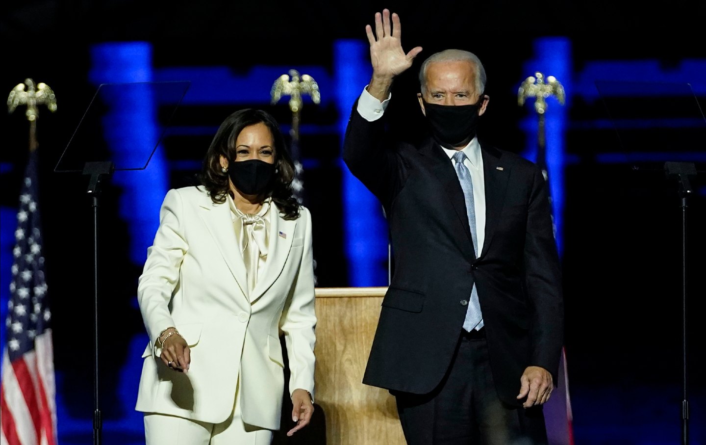 Joe Biden and Kamala Harris wave to the crowd