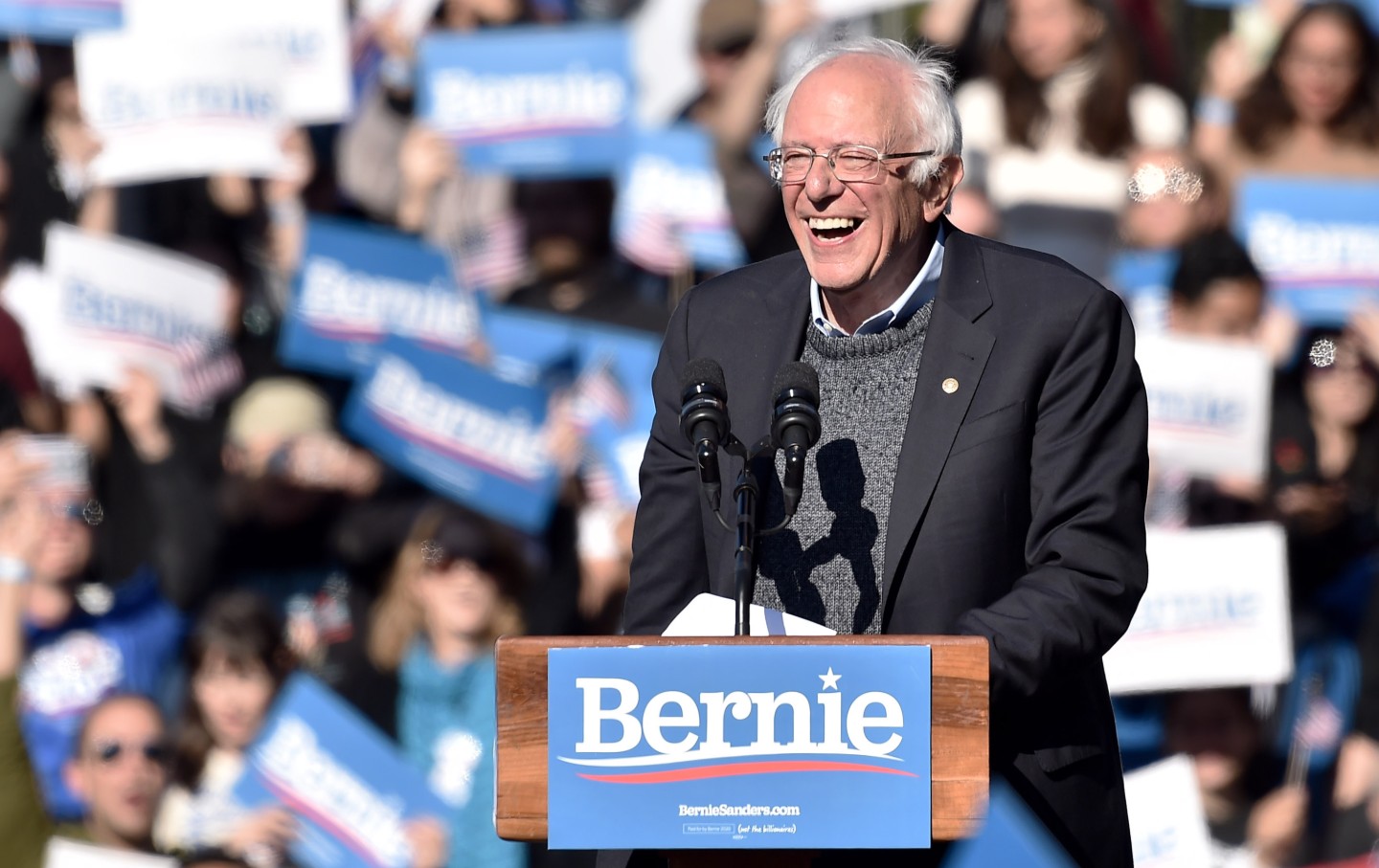 Bernis Sanders at a rally in Queens, NY