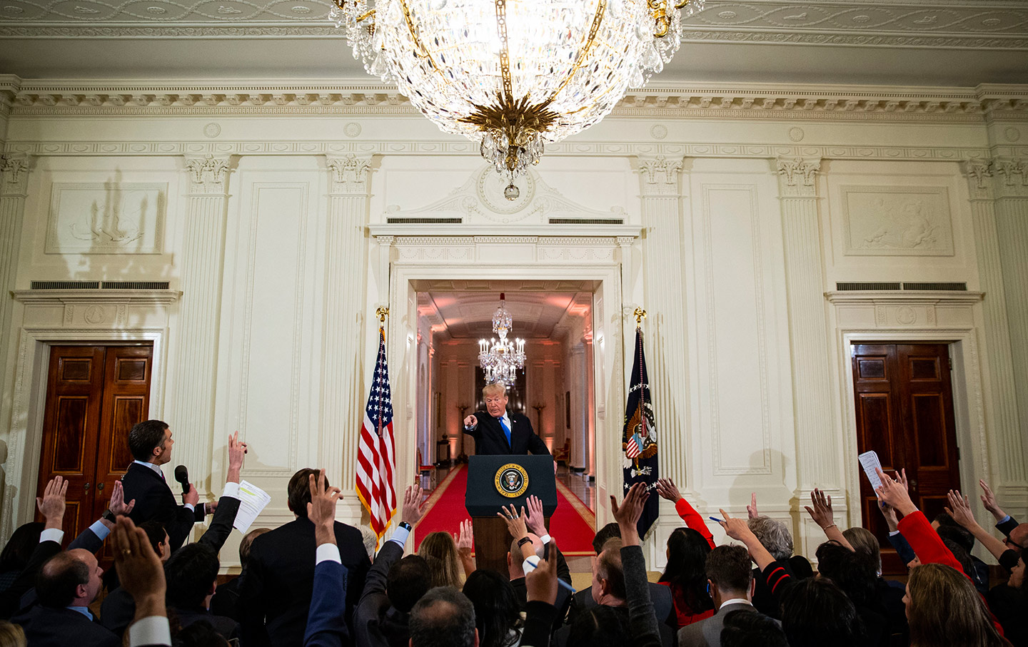 Donald Trump in front of reporters