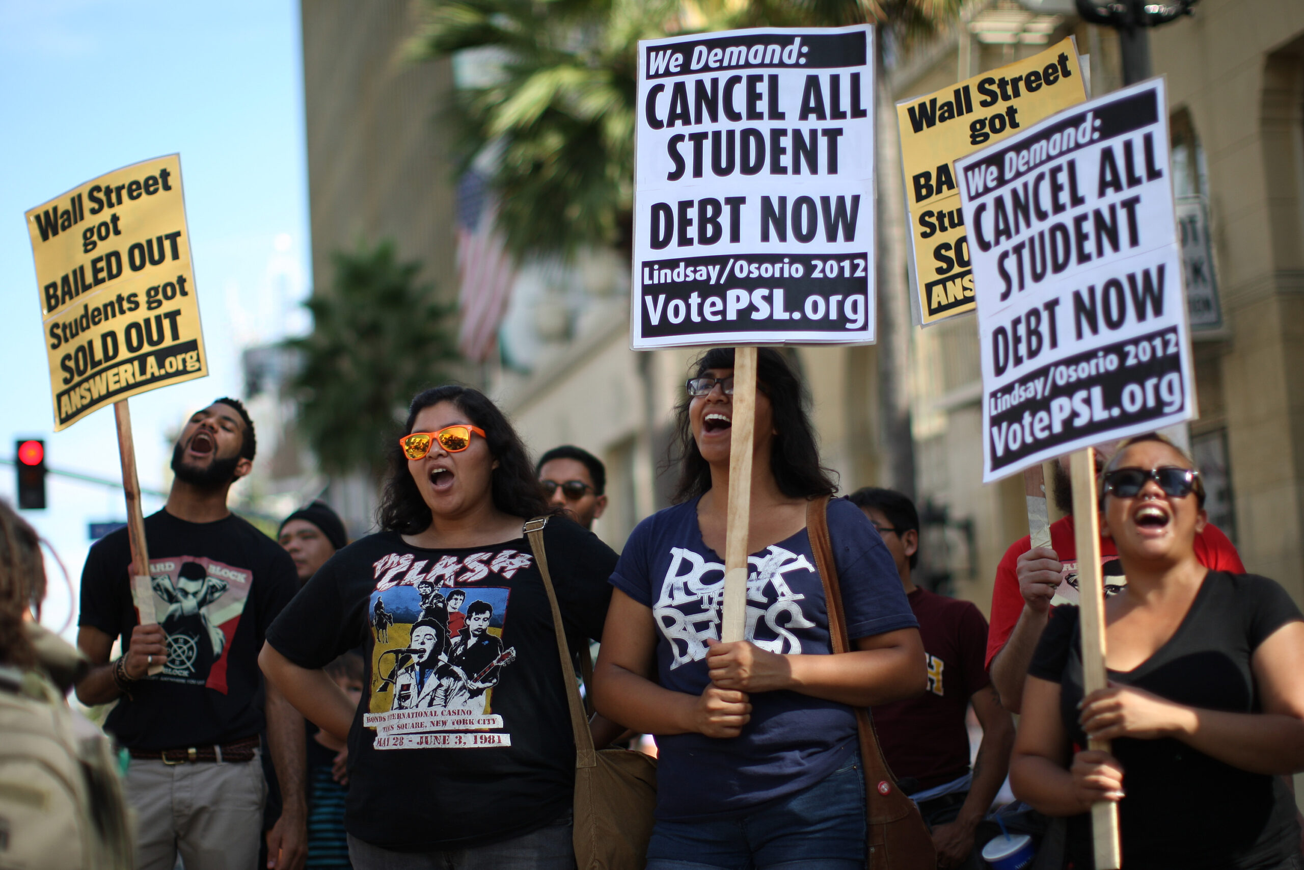 Students protest the rising costs of student loans for higher education in the Hollywood section of Los Angeles, California.
