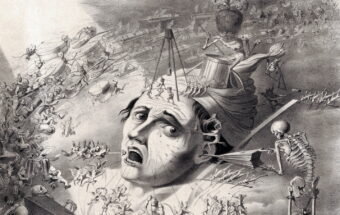 Fantastical creatures inflicting pain upon the head of a man.