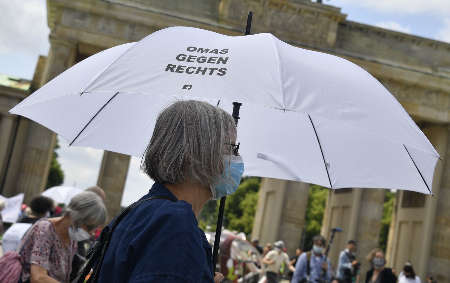 Woman with umbrella protesting