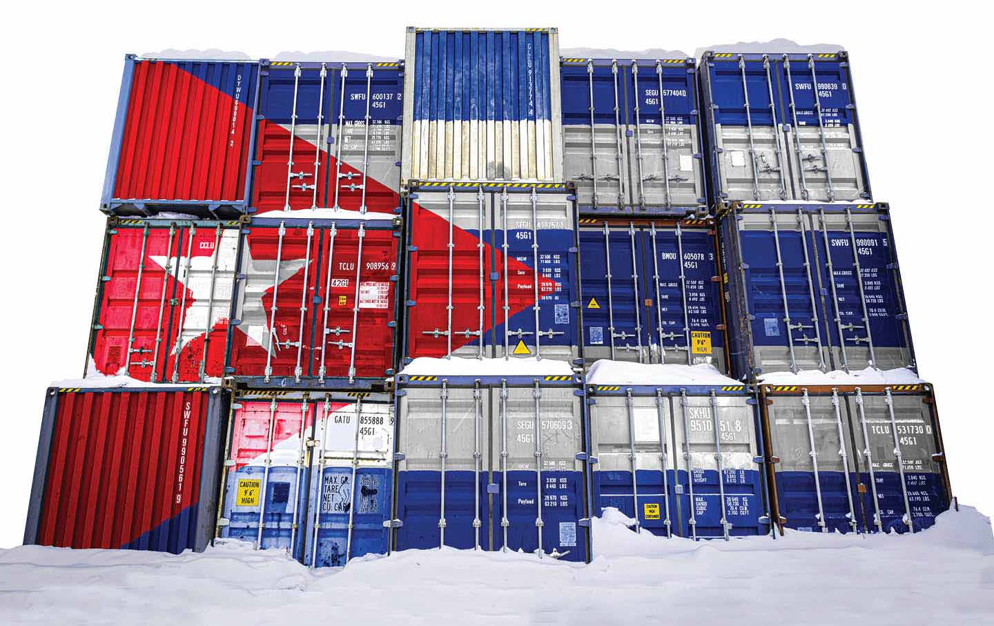 A three by five grid of shipping containers has the Cuban flag painted over it.