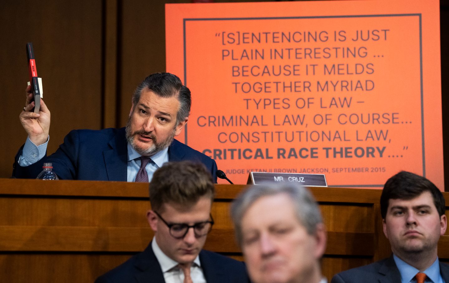 Senator Ted Cruz holds a book on Critical Race Theory to display to Congress.