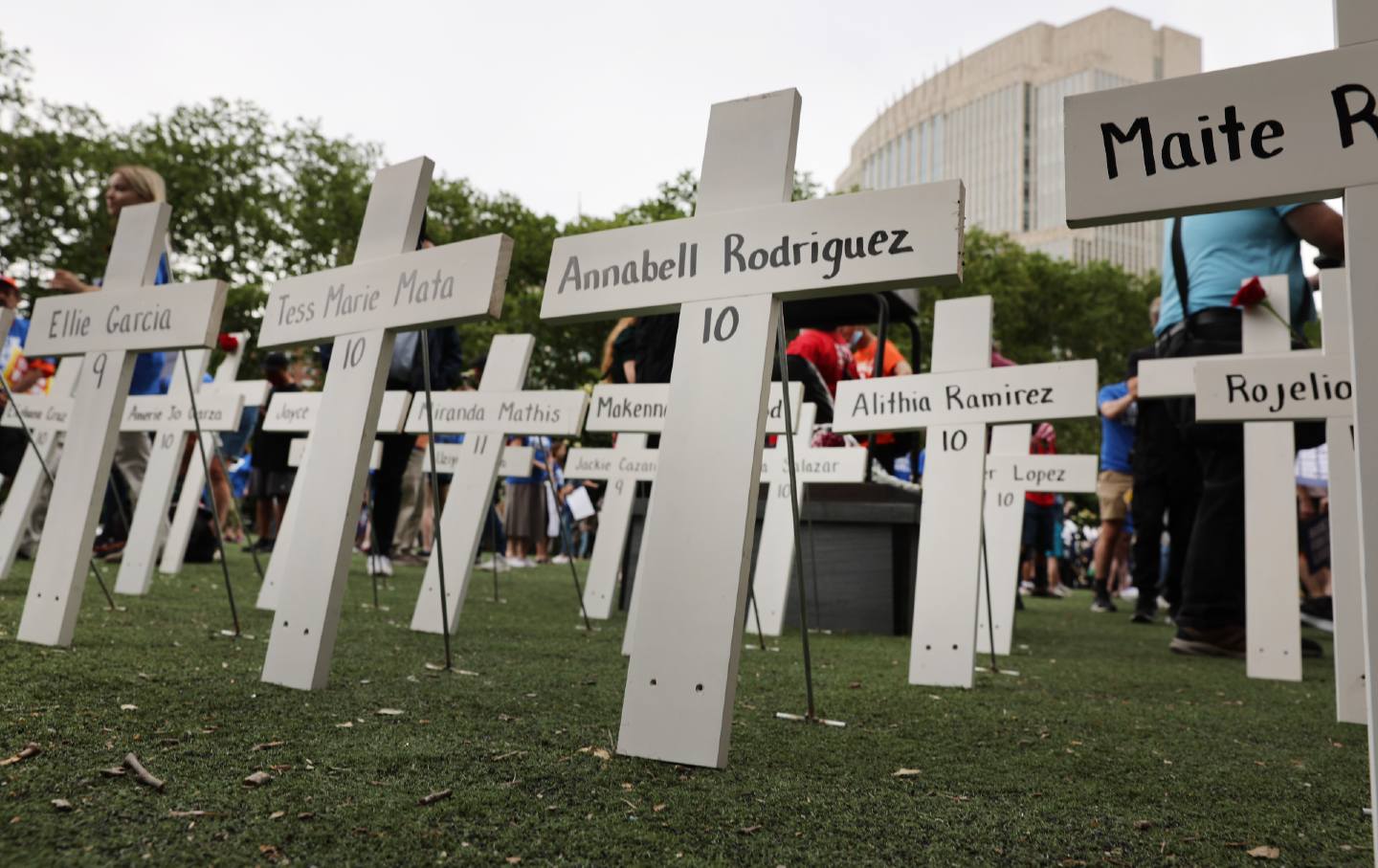 white crosses erected in memory of the children killed at school in Uvalde, Tex.