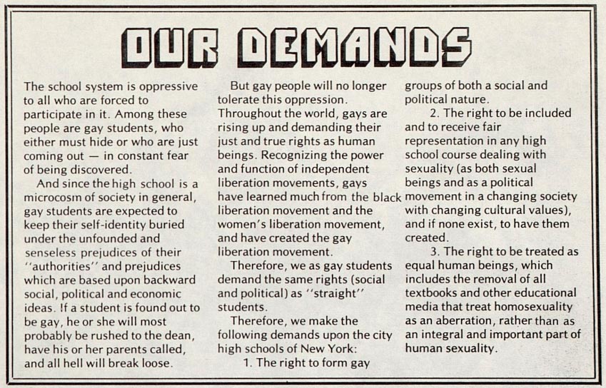 The demands of the George Washington High School gay-straight alliance.