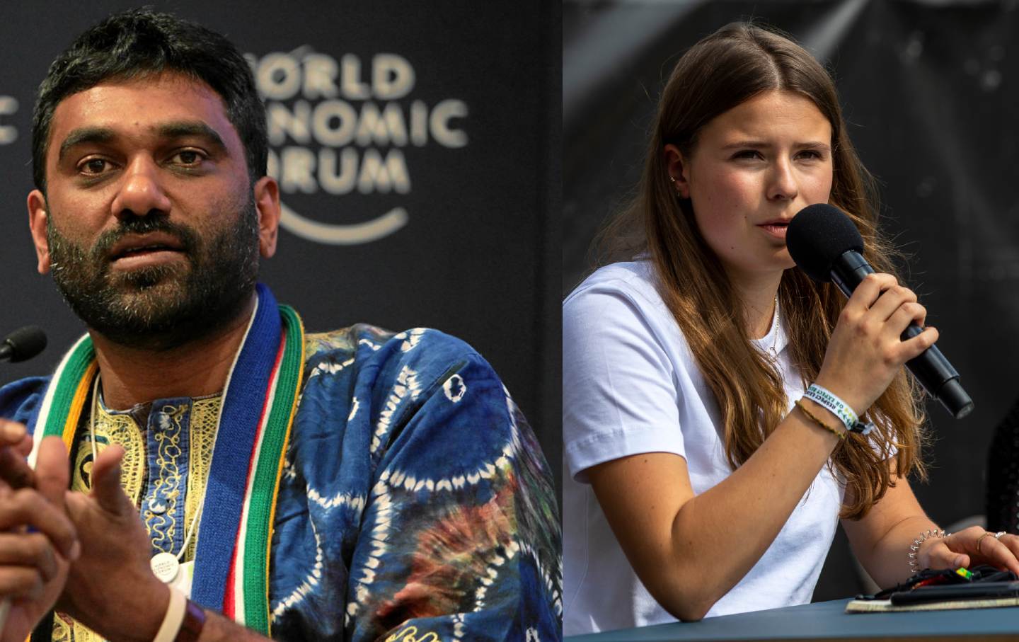 Left, a man speaks into a microphone. Right, a woman speaks into a microphone.