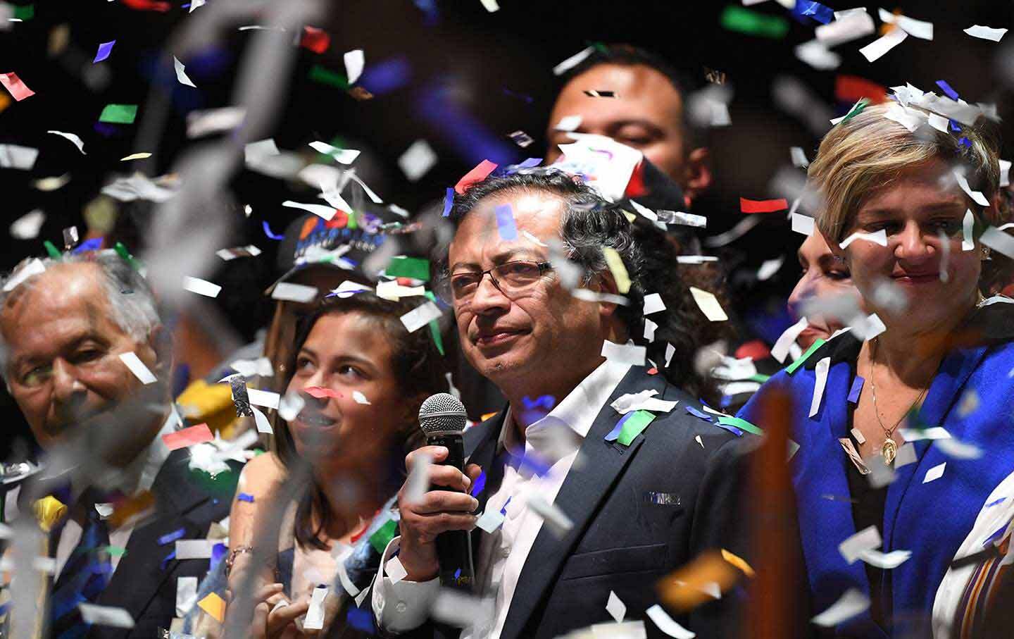 Newly elected Colombian President Gustavo Petro (C) celebrates with supporters in Bogota